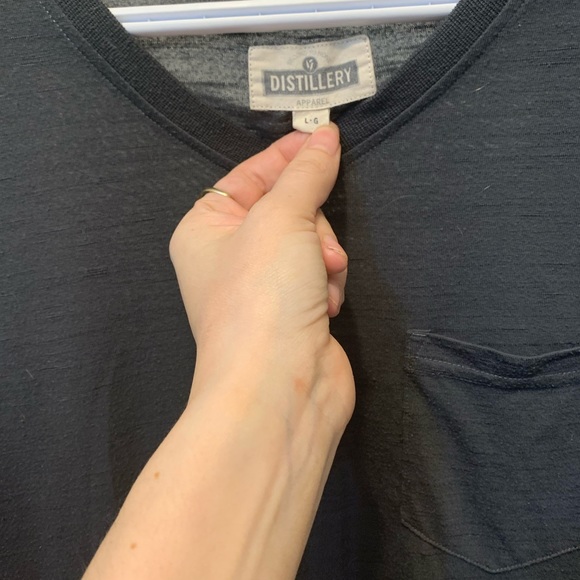 DISTILLERY mens LG grey short sleeve vneck. Used but loved. - Picture 2 of 3